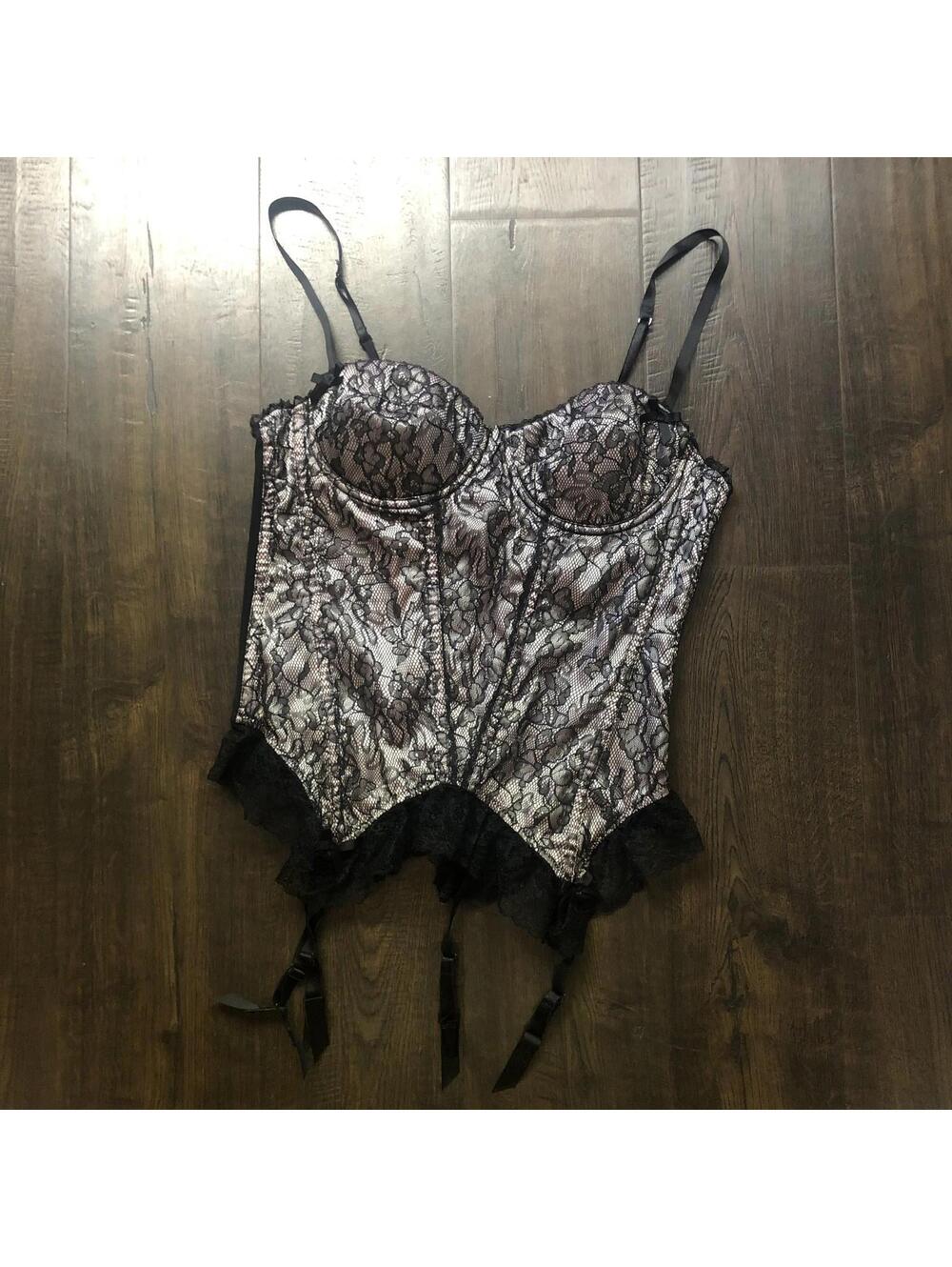 Victoria's Secret Sexy Lil Thing Black White Lace Bustier Corset Top Garter 36C